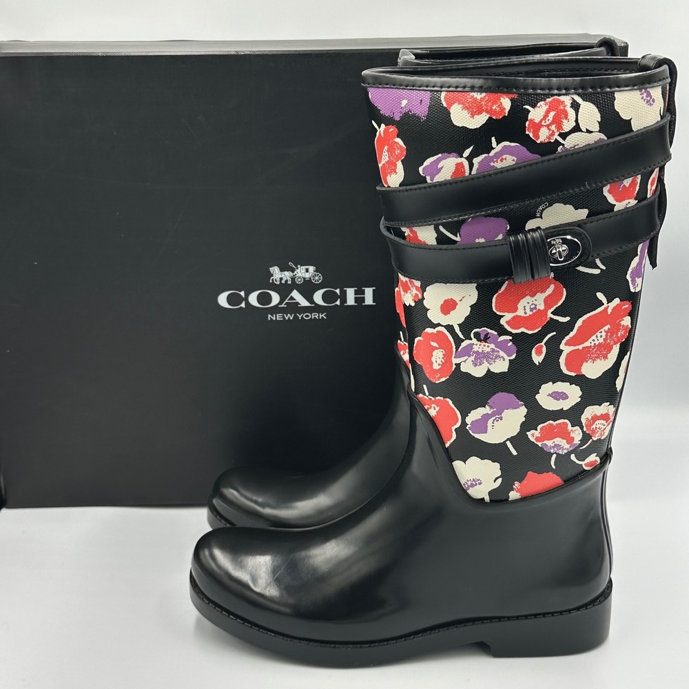 Coach Trisha II Print Rain Boots Black Floral Buckle Accent Size 7B - Picture 2 of 15